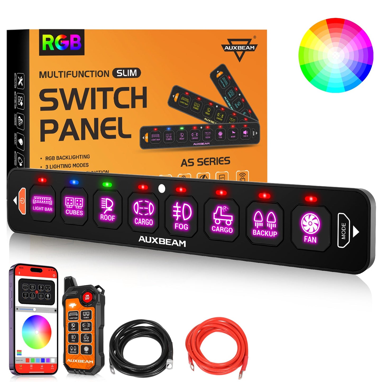 AS Series 4/6/8 Gang RGB Slim Switch Panel with APP&Remote Control, Toggle/ Momentary/ Pulsed Mode Supported(One-Sided Outlet)